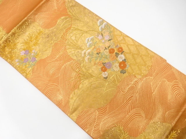 アンティーク　道長取りに光悦垣・花模様織り出し袋帯（材料）